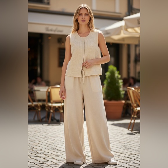 House of Harlow 1960 Linen Cream Wide-Leg Knit Pants Small NWT